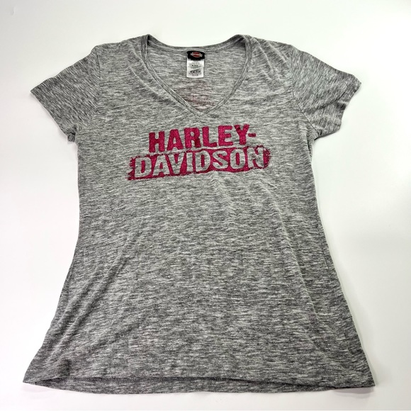 Harley Davidson El Paso TX Pink Glitter Graphic V-Neck Tee Heathered Grey M - Picture 1 of 8